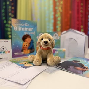 A cute soft toy dog with an amber collar sits beside his cardboard house and amongst useful leaflets and activity pages. Glimmering lights and colourful fabric is in the background.