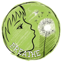 Green circle with a white dandelion and a line drawing of a person blowing at it. The text reads 'breathe'