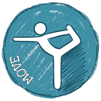 Blue circle with the word 'move' and a white icon of a person doing a yoga pose.