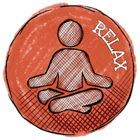 A red circle with the word 'relax' and an icon of a meditating person sitting cross-legged