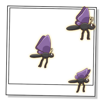 Three purple cartoon  butterflies fly across a polaroid