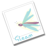 A purple dragonfly with light blue wings flies through a polaroid with 'gleam' written at the botton