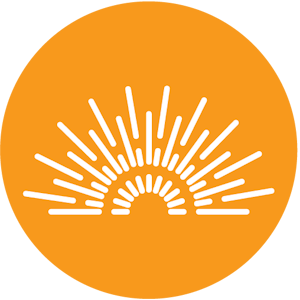 Orange Circle with a rising sun as stylised white icon in the centre